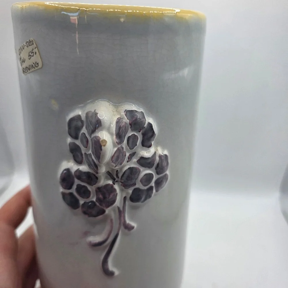 Large Vintage Art Pottery Vase Gray Crackle Glaze Purple Raised Flowers MCM